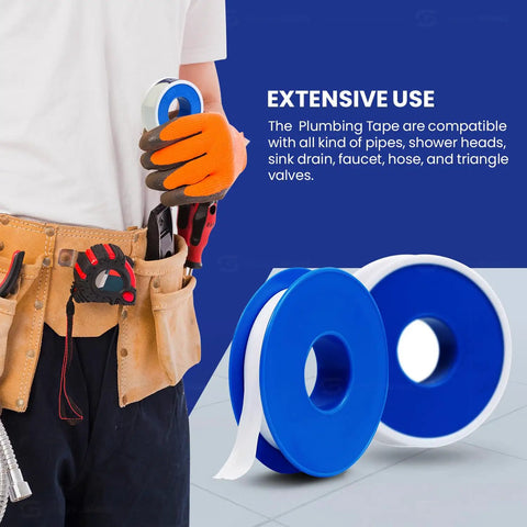 Pro-Grade PTFE Thread Seal Tape for Leak-Free Plumbing, one-half inch by 1080 inches, visible with 10 rolls in blue color.