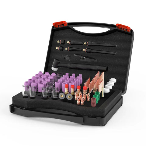 123 Piece TIG Welding Torch Kit With Alumina Nozzles Collets Stubby Gas Lens Heatproof Glass Cup And Consumables For WP17 WP18 WP26 in a case