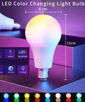 Color Changing Light Bulbs 5W A19 RGB LED With Remote Control and Memory Function showing dimensions and features
