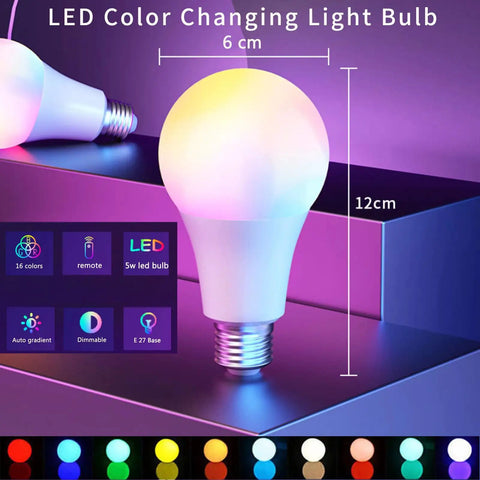 Color Changing Light Bulbs 5W A19 RGB LED With Remote Control and Memory Function showing dimensions and features
