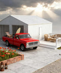 Tough As Nails Heavy Gauge Metal Garage Barn Shed With Reinforced Steel Frame For Rv Pickup Truck Atvs Boat Lawn Mower Garden Tools And Backyard Storage Setup with red pickup truck, surfboard, and garden.