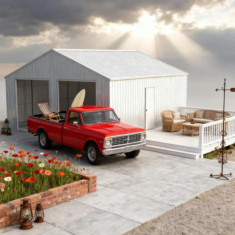 Tough As Nails Heavy Gauge Metal Garage Barn Shed With Reinforced Steel Frame For Rv Pickup Truck Atvs Boat Lawn Mower Garden Tools And Backyard Storage Setup with red pickup truck, surfboard, and garden.