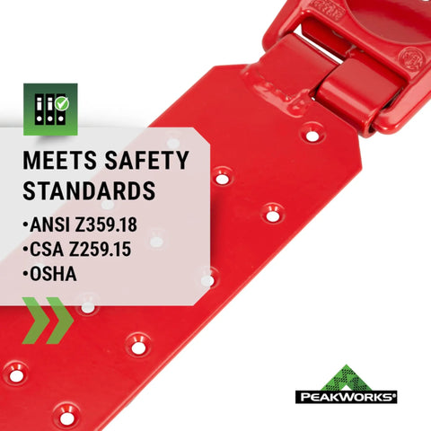 Close-up of red Temporary Roof Anchor Bracket for Heavy Duty Safety highlighting ANSI and OSHA compliance.