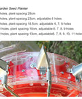 Durable Metal Precision Garden Seeder With Clear Seed Storage Box showing 12-nozzle adjustable spacing for multiple seeds.