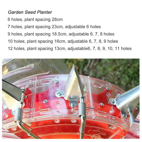 Durable Metal Precision Garden Seeder With Clear Seed Storage Box showing 12-nozzle adjustable spacing for multiple seeds.