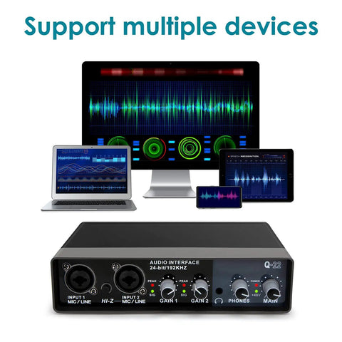 USB Audio Interface For Recording Music With 2 Channel Mic Preamps 48V Phantom Power Plug And Play setup with multiple devices