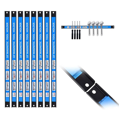 Eight Pack 18 Inch Magnetic Tool Holder Set With Wall Mount Brackets And S Hooks Heavy Duty Tool Bar Rack For Wrenches Screwdrivers Spanners Blue For Garage And Workshop Use