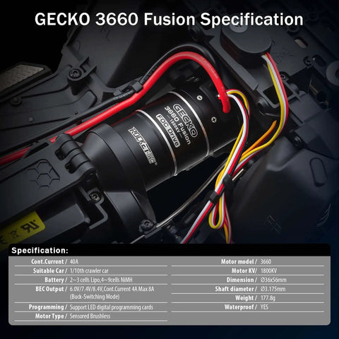 Close-up of 2 In 1 Fusion FOC Brushless Drive System for 1 Tenth Scale RC Rock Crawler inside chassis, clean wiring visible