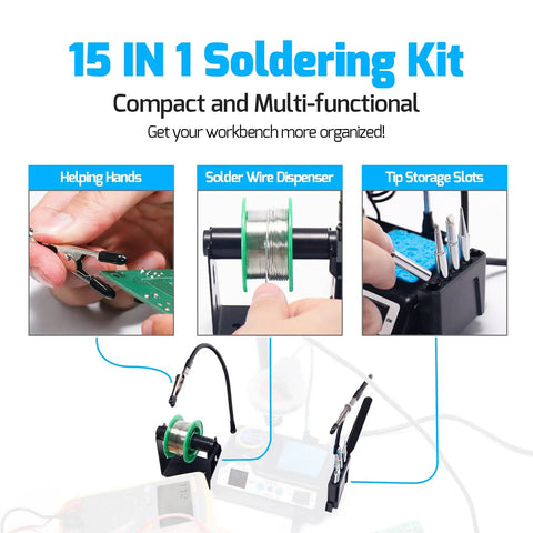 Pro Grade 110W Soldering Station Kit With 3 Preset Channels And Sleep Mode, featuring helping hands, solder wire dispenser, tip storage