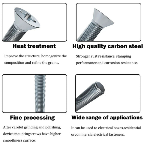 Flat Head Phillips Electrician Machine Screw Kit 370 Piece Set With Durable Carbon Steel Fasteners Blue And White Zinc Coating Rust And Corrosion Resistant Ideal For Electronics Medical Equipment Aerospace Wind Power And Office Gear. Cross-section and finished texture detail showcasing durability.