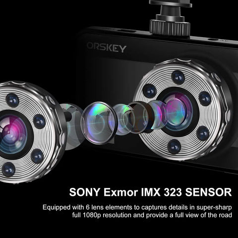 Dual Front And Rear Dash Cam For Cars With 1080P HD Recording, close-up of lens assembly highlighting Sony Exmor sensor