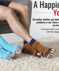 Foot Alignment Socks With Toe Separators For Men And Women, two pairs shown in blue and orange, promoting toe alignment and pain relief.
