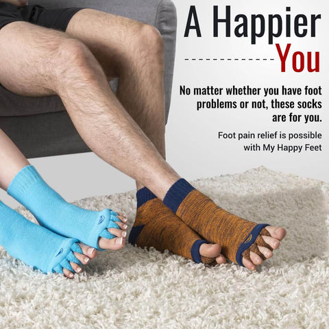 Foot Alignment Socks With Toe Separators For Men And Women, two pairs shown in blue and orange, promoting toe alignment and pain relief.