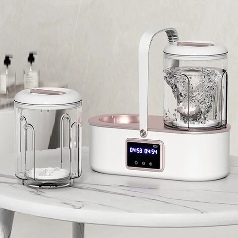 Slick Portable Ultrasonic Underwear Washing Machine With 4000mAh Cordless Battery For Dorms Hotels Rvs And Campsites No Sweat Top Tier Travel Laundry Care on a marble table.