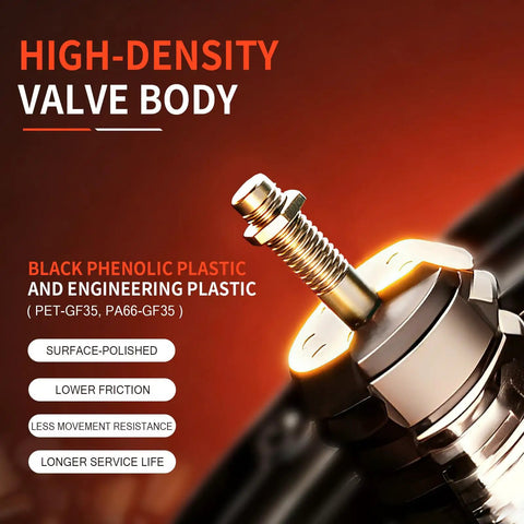 High-density valve body made of black phenolic and engineering plastic. Designed for durability and lower friction.