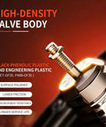 High-density valve body made from black phenolic and engineering plastic for lower friction and better performance.