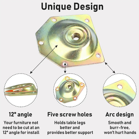 Heavy Duty Furniture Leg Mounting Plates 12 Degree Angled Table Hardware with five screw holes for better support.
