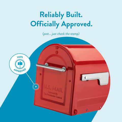 Close-up of Boulder Post Mounted Mailbox 7900-7R-SR Red Built Tough All Weather Galvanized Steel Rust Resistant showing USPS approval.
