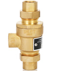 Brass 1/2-inch backflow preventer dual-check valve with atmospheric vent; female union inlet/outlet (front view).