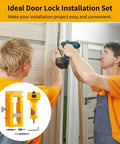 Two people using All-In-One Door Hinge And Mortise Jig Kit For Easy Lock Installation With Router Bits, Self-Centering Bits, and Tools.