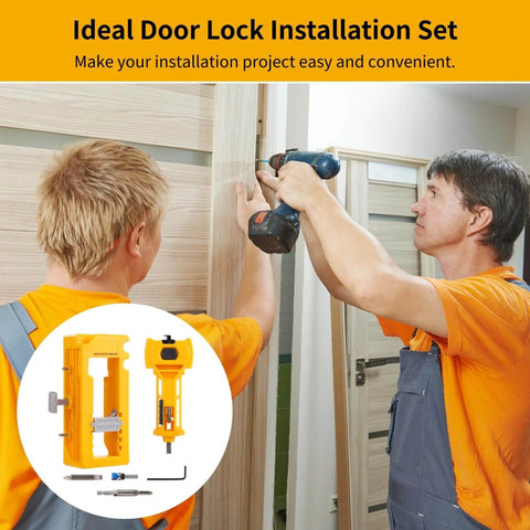 Two people using All-In-One Door Hinge And Mortise Jig Kit For Easy Lock Installation With Router Bits, Self-Centering Bits, and Tools.