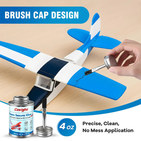 Foam RC Plane Repair Kit With 4 Oz Foam Glue And Hinge Tape Roll Pro Grade Brush Cap Applicator in use on model wing.