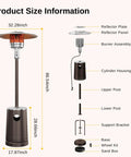 Massive 50,000 BTU Patio Heater With Table Design, exploded view shows dimensions and parts like cylinder housing and sand box.