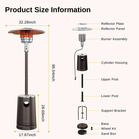 Massive 50,000 BTU Patio Heater With Table Design, exploded view shows dimensions and parts like cylinder housing and sand box.