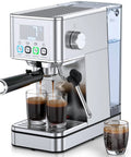 Premium Espresso Maker With Solid 20 Bar Pump And Quick Milk Frother For Silky Lattes Or Cold Brew Featuring Compact Stainless Steel Housing brewing two shots of espresso.