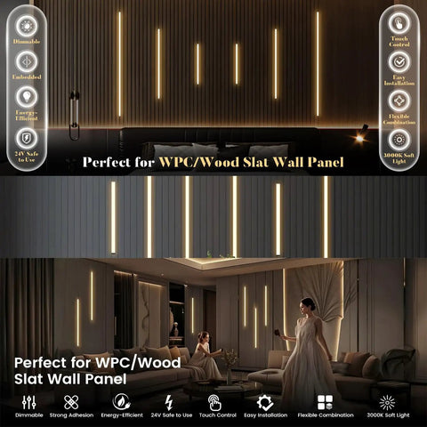 6-Lights LED Recessed Lighting Wall Panel Lights on dark wood slat wall, showcasing touch control and soft 3000K light.
