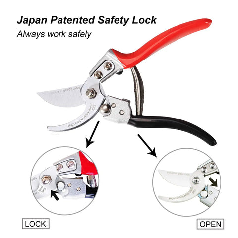 8 Inch Pruning Shears For Garden Pro Grade Made In Japan With Japanese SK5 Steel And Ergonomic Handle showing safety lock feature