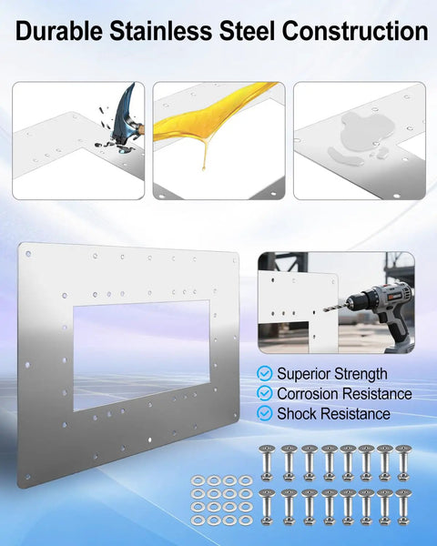 Wide Mouth Pool Skimmer Repair Kit For Rusted Wall Areas, stainless steel panel and hardware displayed, ensures corrosion resistance