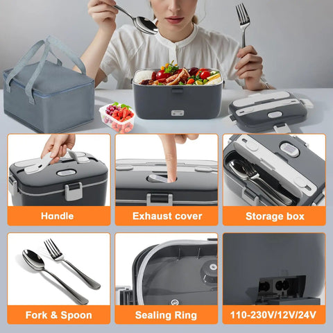 Woman using Portable Electric Lunch Box Warmer with 100W Fast Heating, 1.8L Capacity, multiple accessories in view