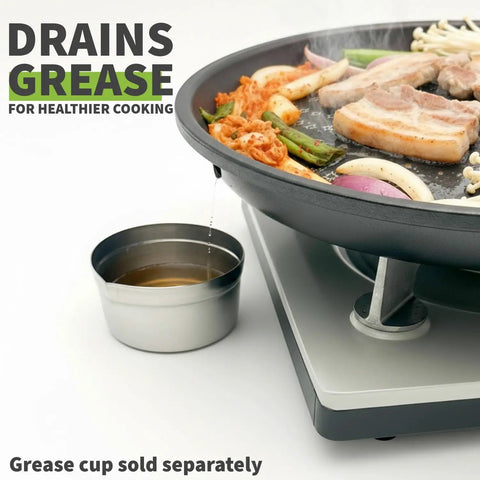 Korean BBQ Nonstick Grill Pan For KBBQ Lovers, Cast Aluminum Build, PFOA Free Coating with grease draining into a cup
