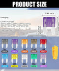 Tight 120 Piece Car Mini Fuse Assortment Kit With Heavy Duty Puller Tool For All Your Rides size chart showing various fuse ratings and dimensions.
