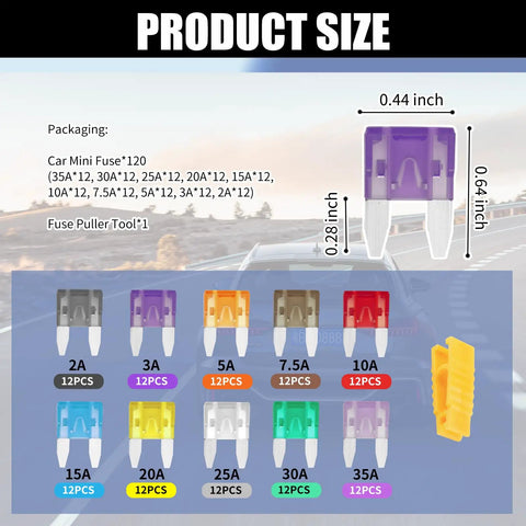 Tight 120 Piece Car Mini Fuse Assortment Kit With Heavy Duty Puller Tool For All Your Rides size chart showing various fuse ratings and dimensions.