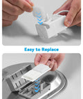 Hands replacing filter in 13L Stainless Steel Dog Water Fountain for Large Breeds, Deep And Wide Drinking Area, Automatic Pet Water Dispenser.