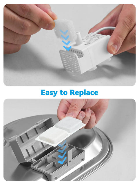 Hands replacing filter in 13L Stainless Steel Dog Water Fountain for Large Breeds, Deep And Wide Drinking Area, Automatic Pet Water Dispenser.