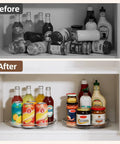 Before and after of cabinet organization using 2 Pack 9 Inch Clear Lazy Susan Turntables for spices, seasonings, condiments.