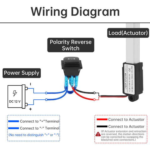 Wiring diagram for Go-To 12V Mini Linear Actuator With 50mm Stroke, 15mm/s Speed, 64N Load, waterproof switch, mounting bracket included.