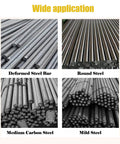 Heavy Duty Electric Rebar Bender With Zero To One Eighty Degree Adjustable Pivot And Rock Solid Cast Iron Frame Built Like A Tank For Tough Job Site Work And Steel Bends with various types of steel bars displayed.