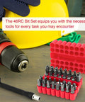 46 Piece Security Bit Set With Tamper Proof Torx Bits Square Drive Hex And Spanner Tools Includes SAE And Metric Hex Bits Phillips Slotted Triwing For Quick Home Auto And DIY Repairs In A Bright Red Case shown with tools on table