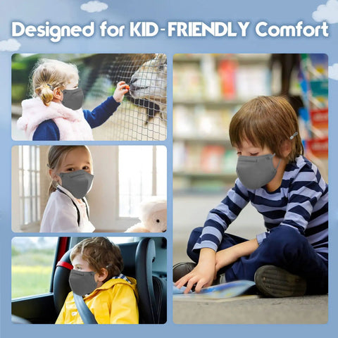 Children wearing Kids KN95 Face Mask Pack Of 50, 5 Layer Breathable Masks For Kids, Adjustable Ear Loops With Silicone Buckles, Gray