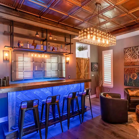 Bar area with From Plain To Beautiful In Hours Aged Copper Tin Look PVC Ceiling Tiles 2x2 Ft Lay In Or Glue Up, vintage style