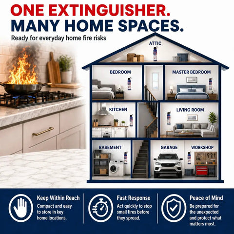 Diagram showing multiple home spaces with four pack portable dry chemical fire extinguishers 1.32lb each for home kitchen and car fast acting grease and electrical fire suppressors easy for all ages to use non conductive and safe for electronics.