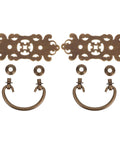 Old School Brass Drawer Pulls Set 2 Antique Cabinet Handles with retro hollow carved designs for dressers in satin brass tone.