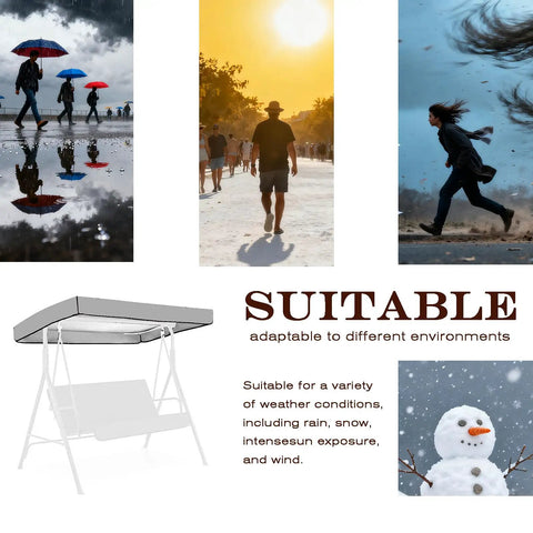 Beefed Up Outdoor Swing Canopy Replacement Cover Waterproof Top for 75x47 and 84x48 Inches displayed in various weather conditions.