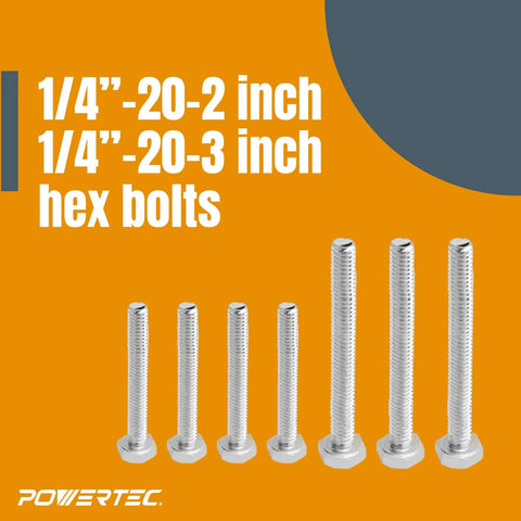 Woodworking T Track Knob Kit 36 Piece Set With 1/4-20 Threads hex bolts in 2 inch and 3 inch sizes against orange background