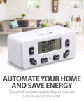 Two Pack 24 Hour Programmable Digital Outlet Timer with LCD display shown in living room setting.