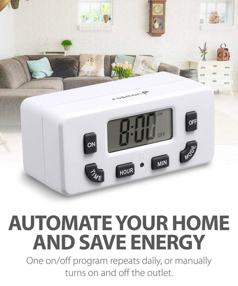 Two Pack 24 Hour Programmable Digital Outlet Timer with LCD display shown in living room setting.